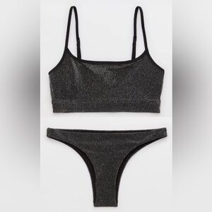 NWT Aerie FULL SET Black Sparkle Straight Scoop Top + Cheeky Bottoms